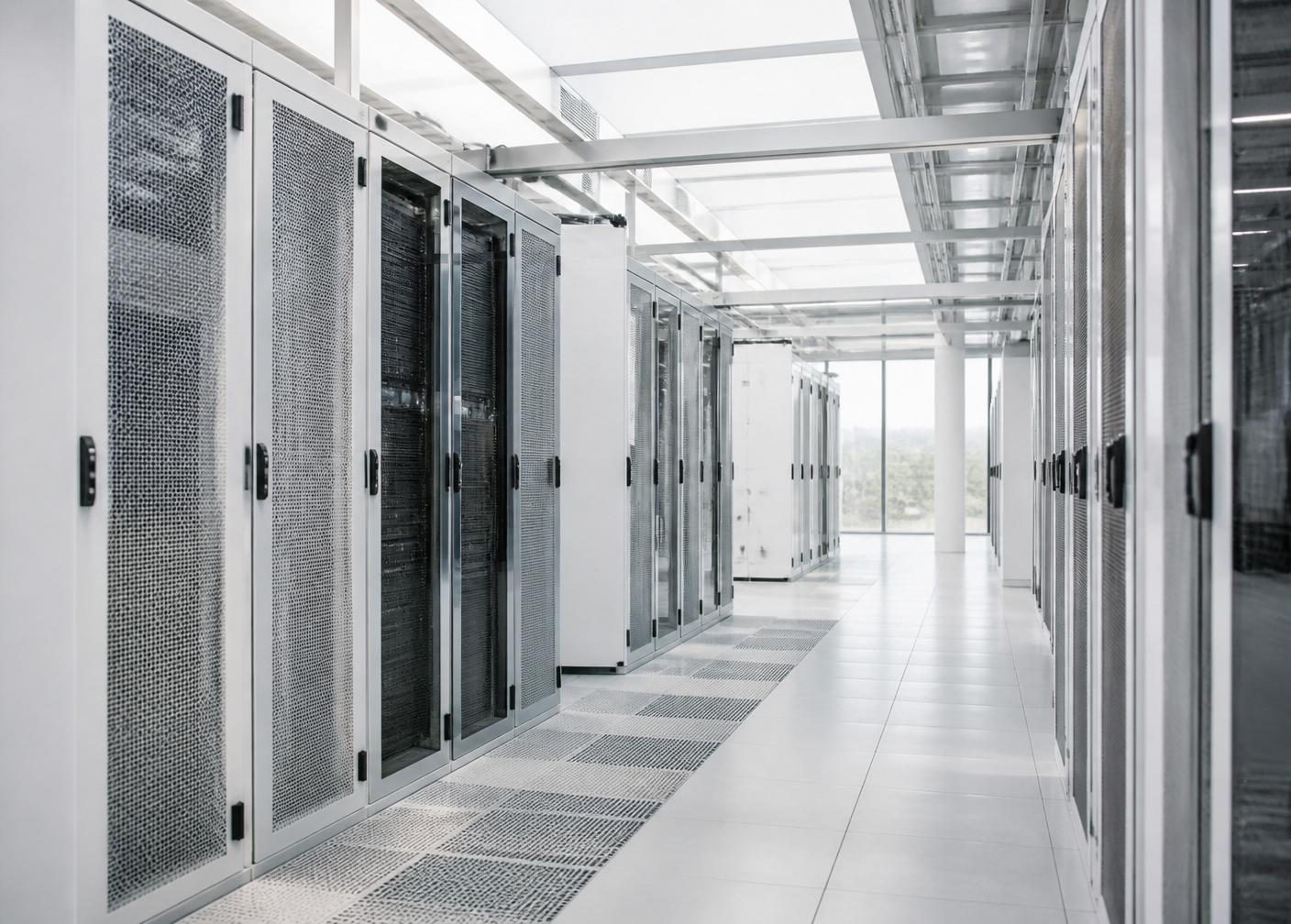 Bright modern data centre corridor lined with cooled server racks