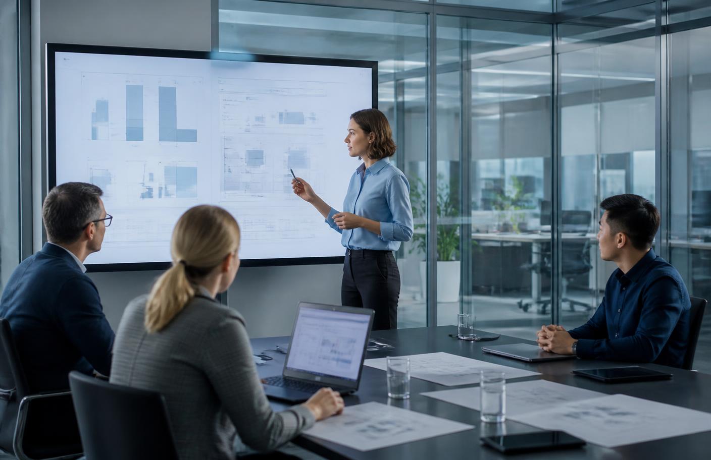 Technical consultants reviewing system architecture diagrams on a large display in a meeting room