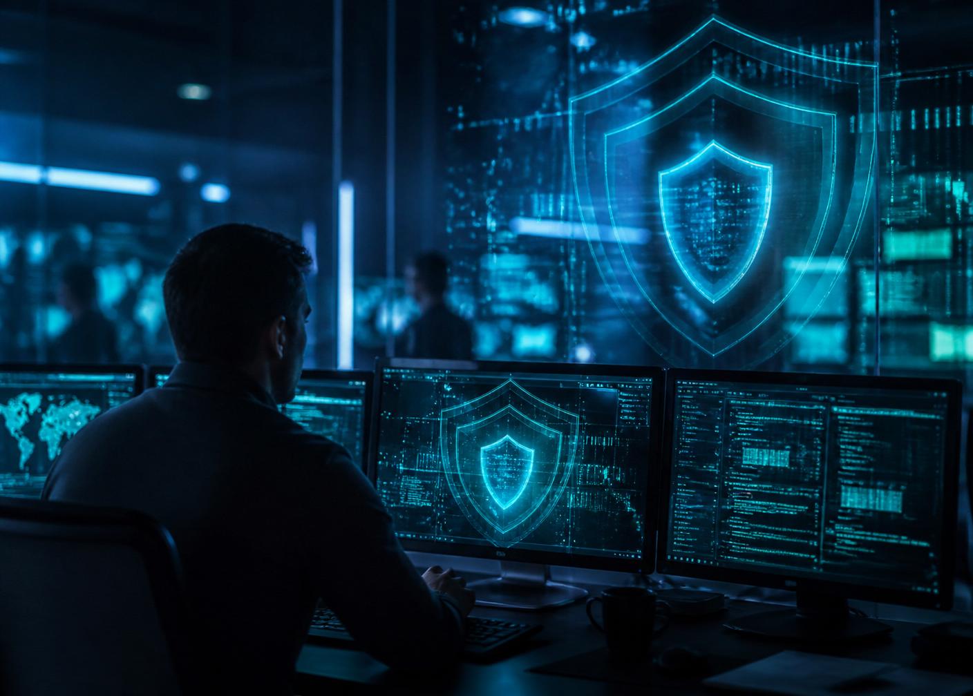 Security analyst reviewing threat dashboards and a projected protection shield in a dark operations room