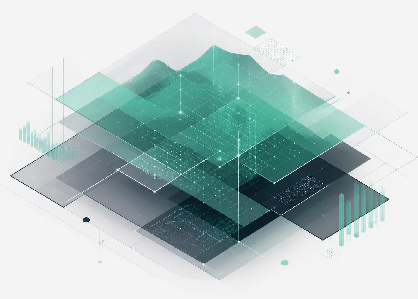 Isometric illustration of layered data planes and connected grid structures