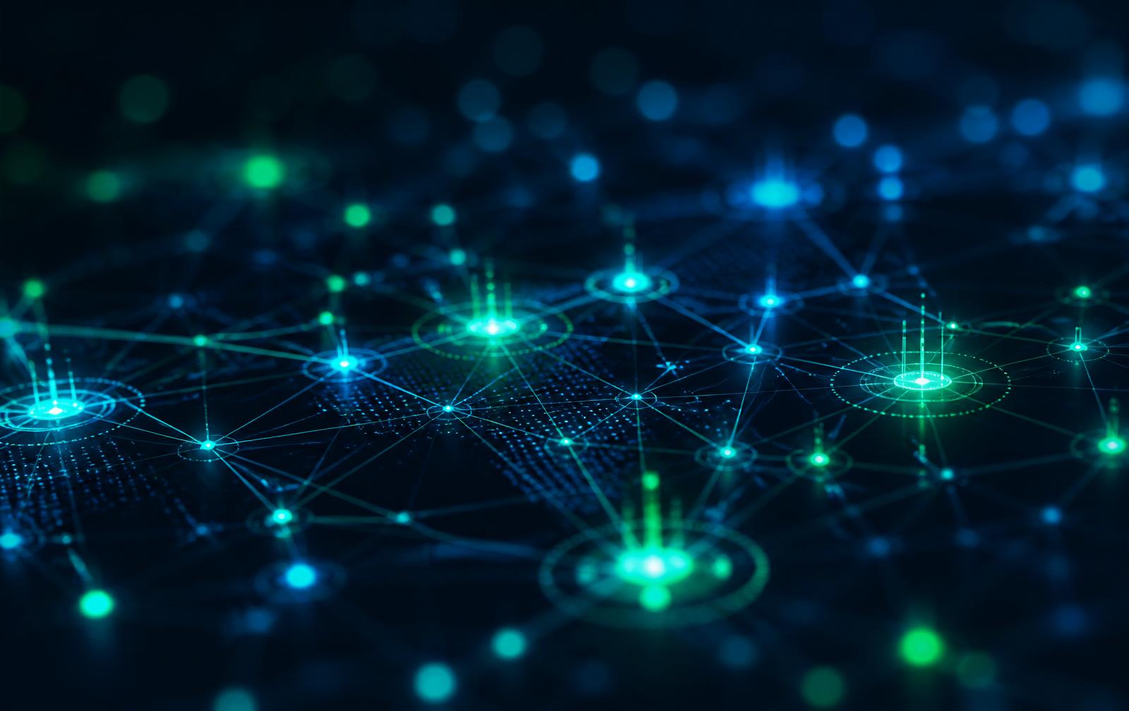 Abstract visualisation of a distributed network with illuminated nodes and connections