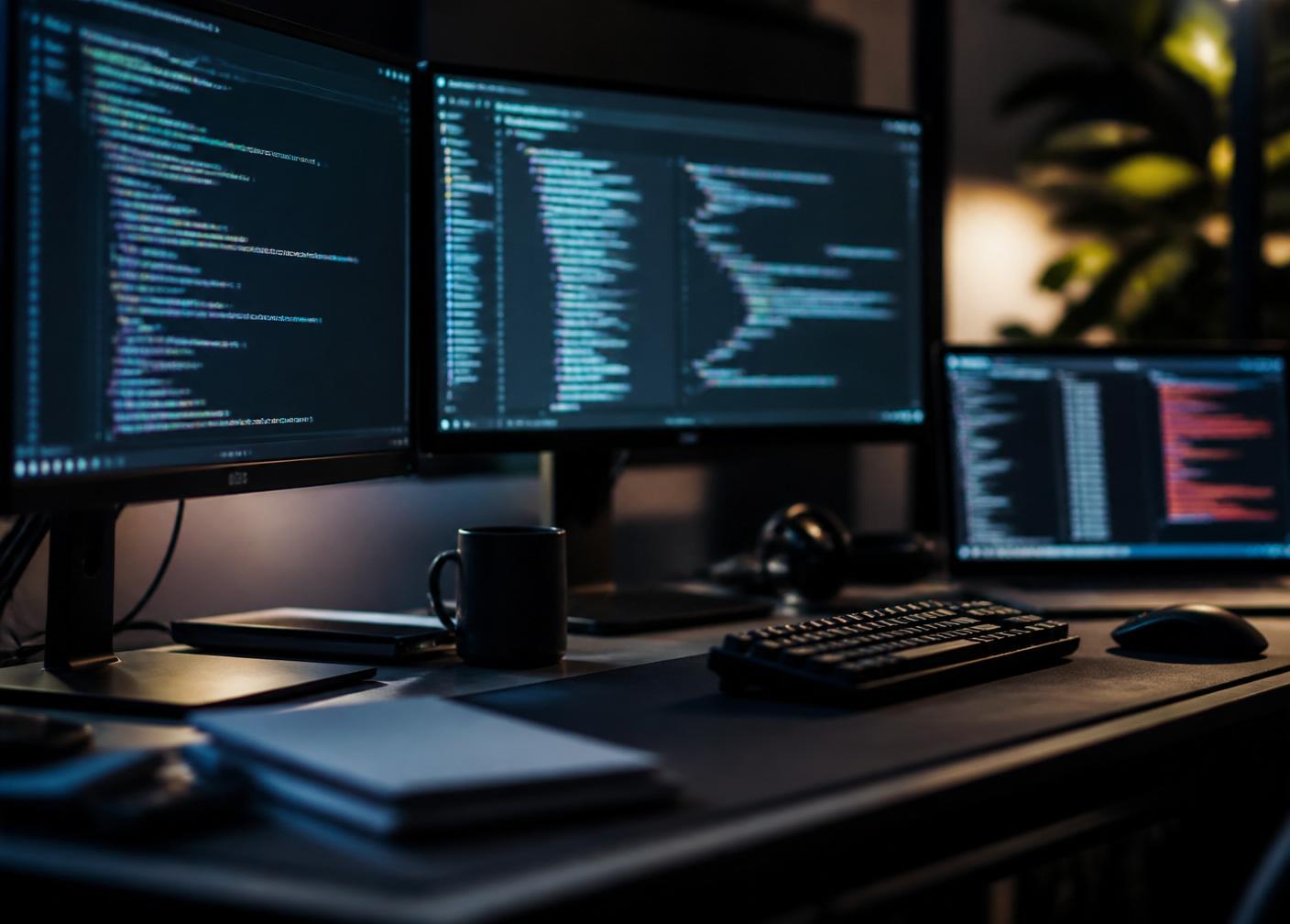 Developer workstation with multiple monitors showing source code and a terminal session